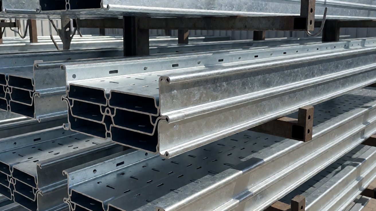 cable tray - Tray sections after hot dip galvanising, the zinc spangle visible across the surface.