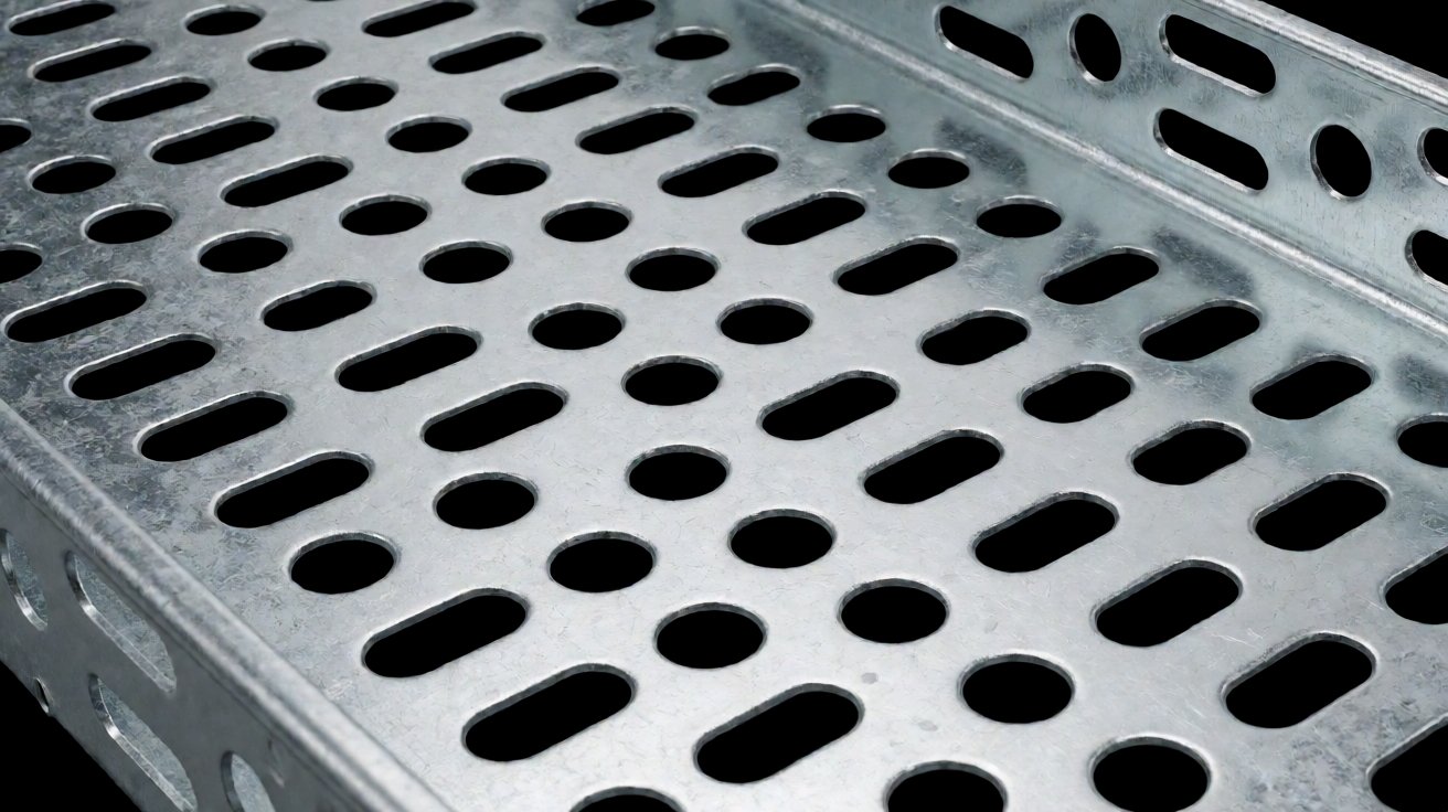 cable tray - The perforated bottom of a trough tray, with the hole pattern and land width.