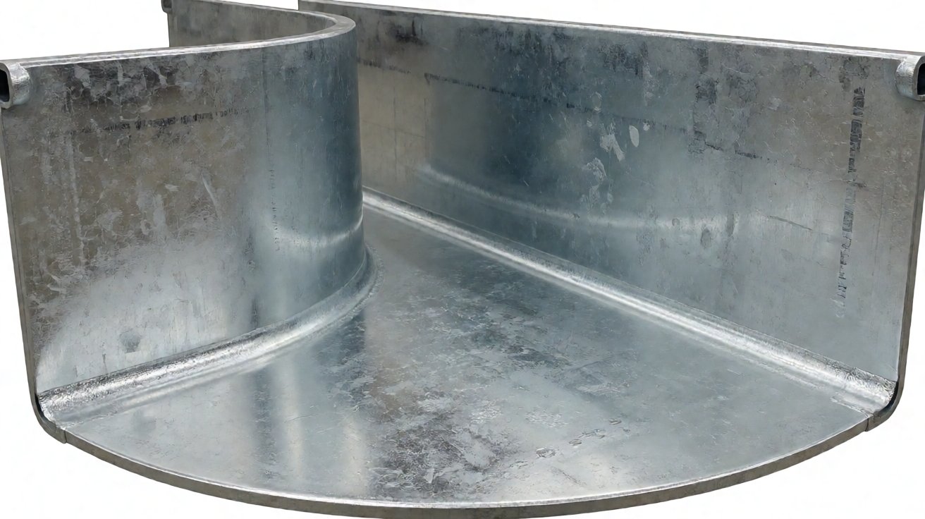 cable tray - A 90 degree bend fitting, its side rails formed on a curve and the base welded in.