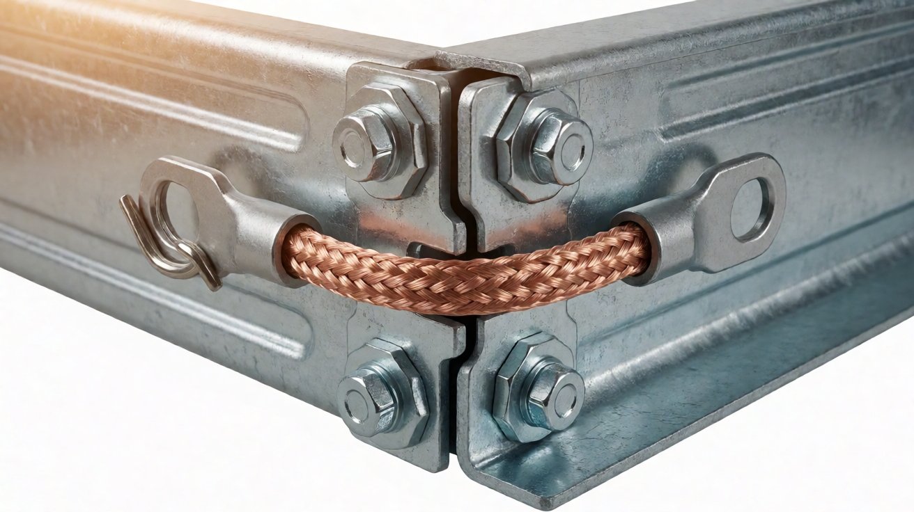 cable tray - A joint between two tray sections with the connector plate and an earth bonding jumper.