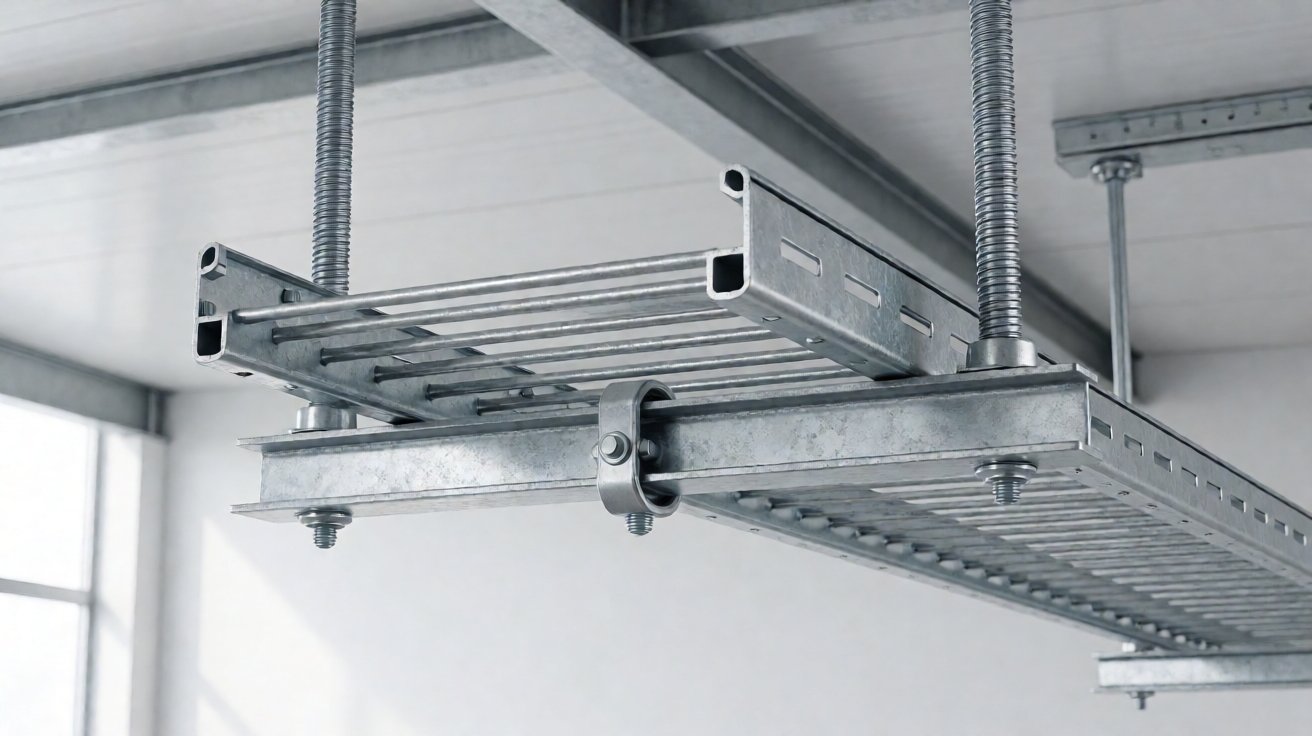 cable tray - A trapeze support with threaded rods and a channel cross member carrying the tray.
