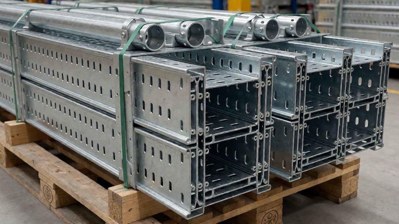 cable tray - Tray sections stacked and bundled for export, nested to save freight volume.