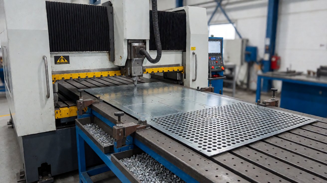 cnc punching service - A CNC turret punch press running a programmed hole and slot pattern on a galvanized sheet.