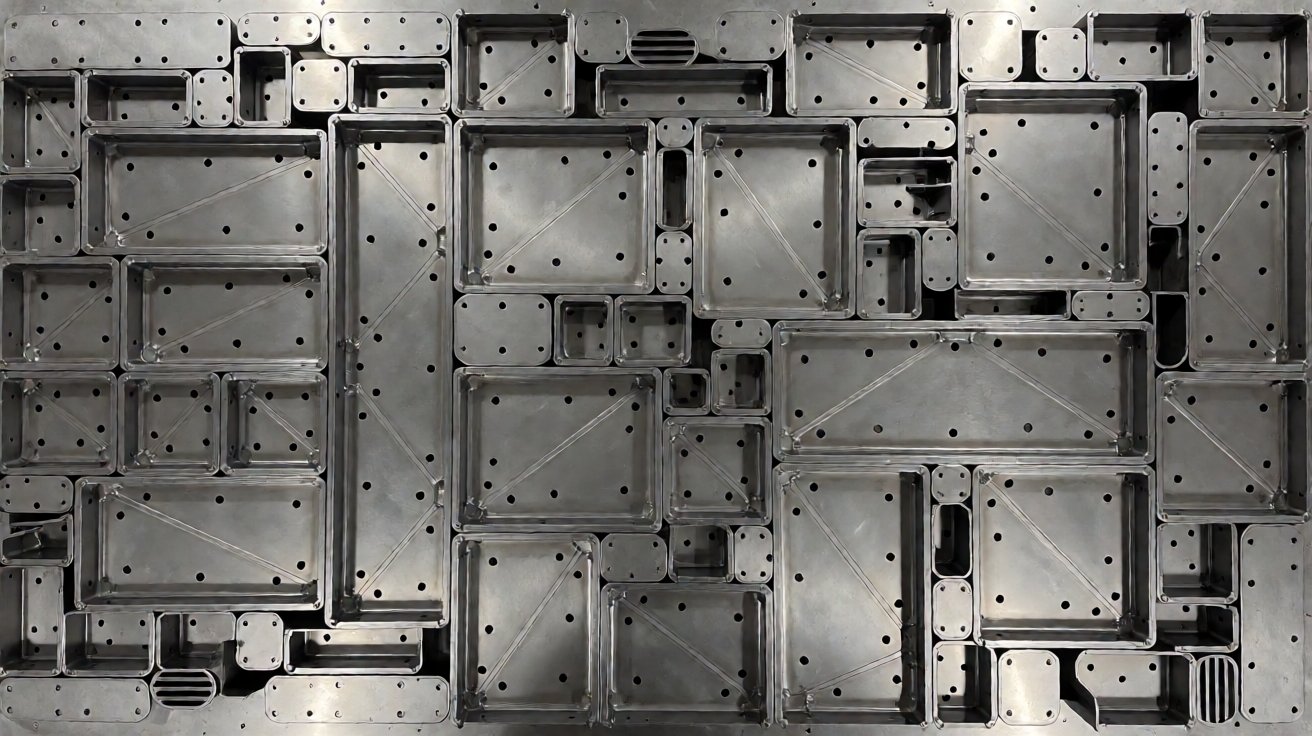 cnc punching service - A nested layout of panels, gussets and brackets punched from one 2 mm cold rolled sheet.