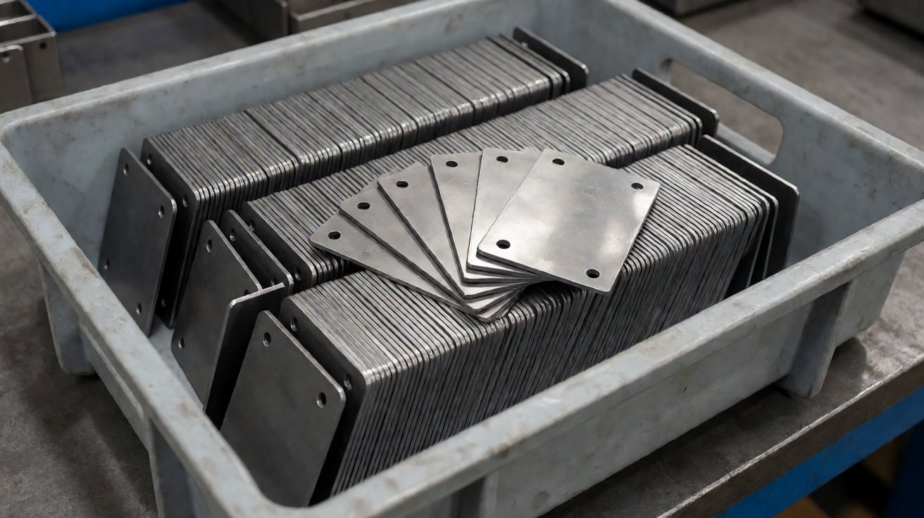 cnc punching service - A production batch of deburred punched plates and brackets ready for the next operation.