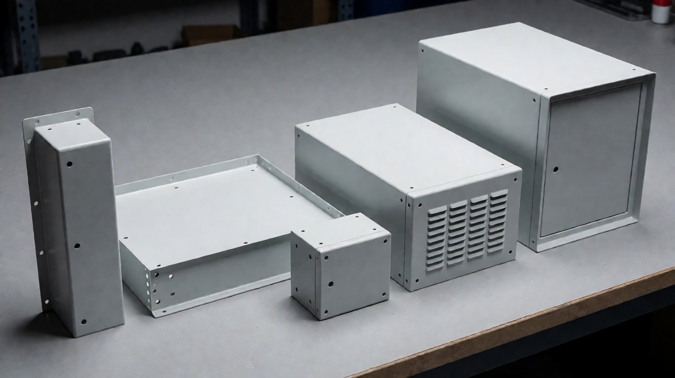 electronic metal housing - A family of custom electronic metal housings from a small sealed case to a deep cabinet housing.
