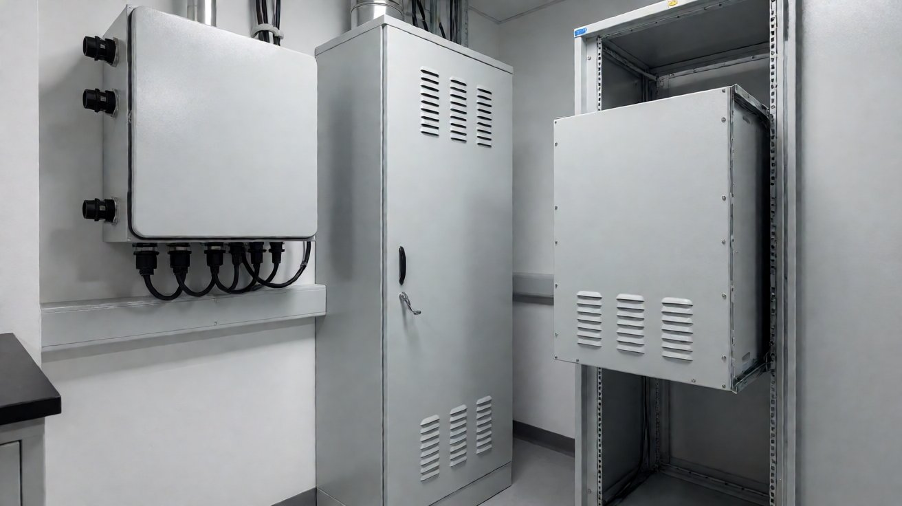 electronic metal housing - Installed electronic metal housings: wall-mounted instrument case, floor cabinet and rack chassis.