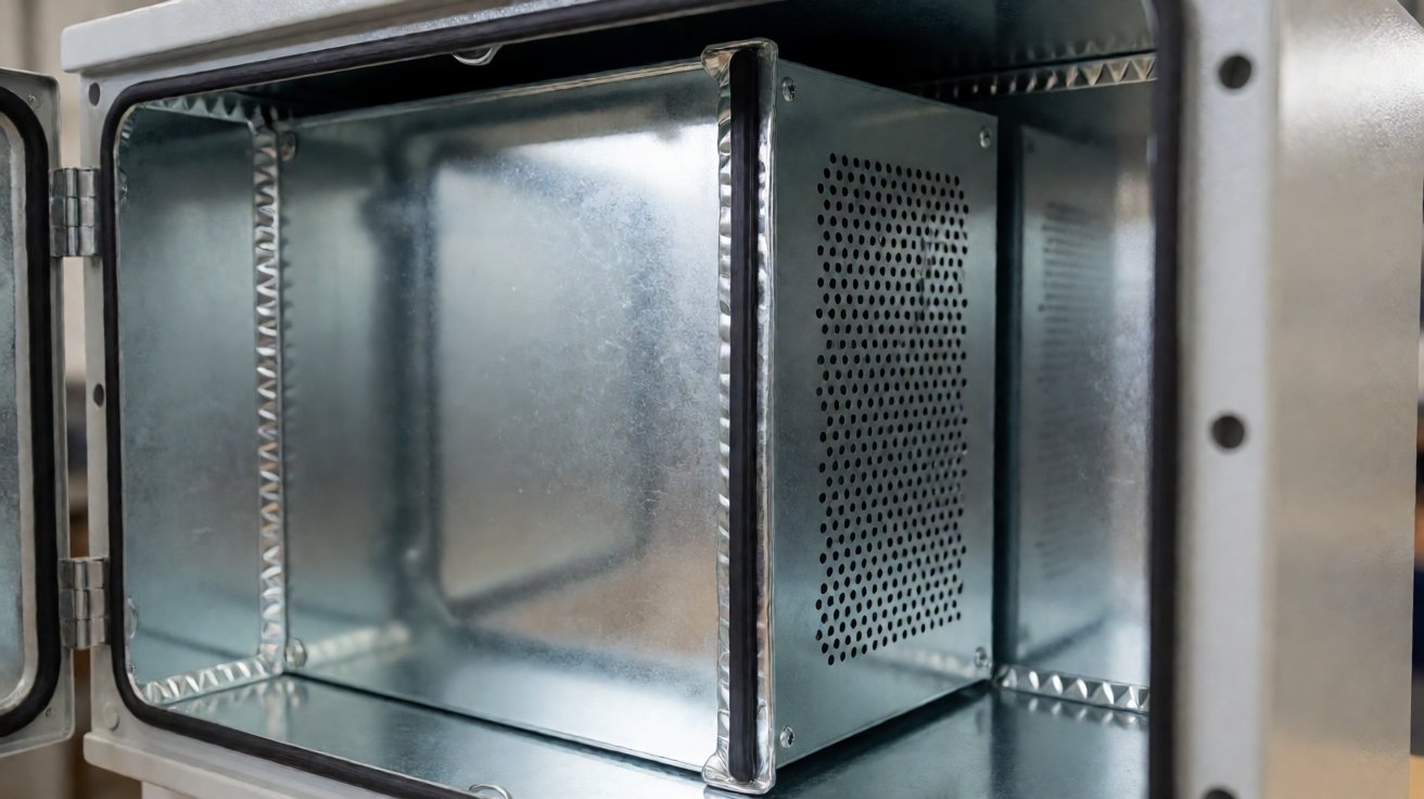 electronic metal housing - EMI shielding inside an electronic metal housing: folded shield partition and finger-stock gasket.