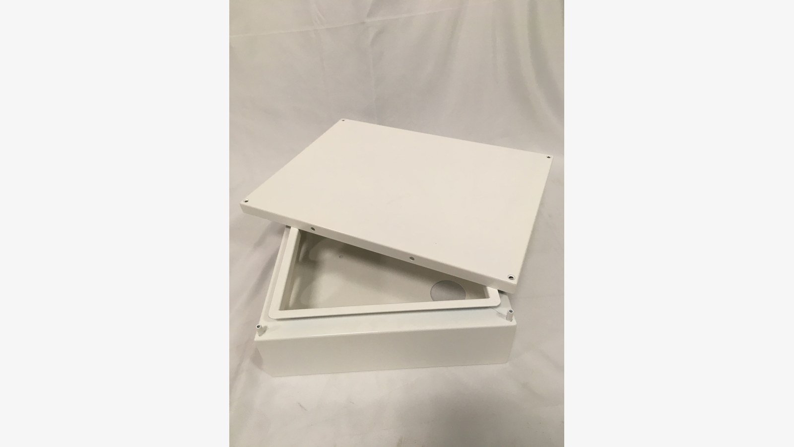 electronic metal housing - Enclosure lid open on its hinges showing the sealing gasket that keeps the electronic housing sealed.