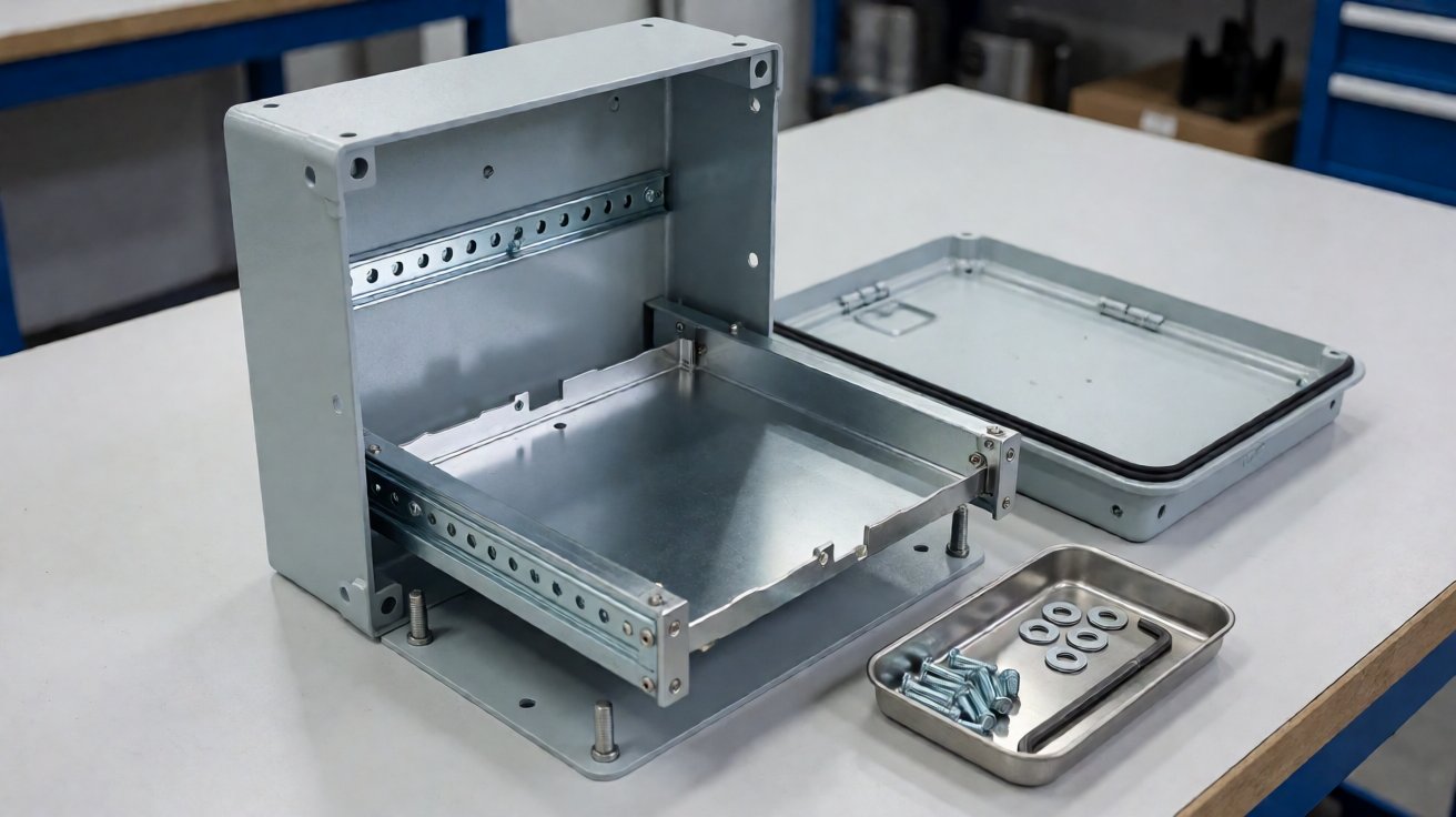 electronic metal housing - Electronic metal housing during assembly with DIN rail, board tray, standoffs and hinged lid.