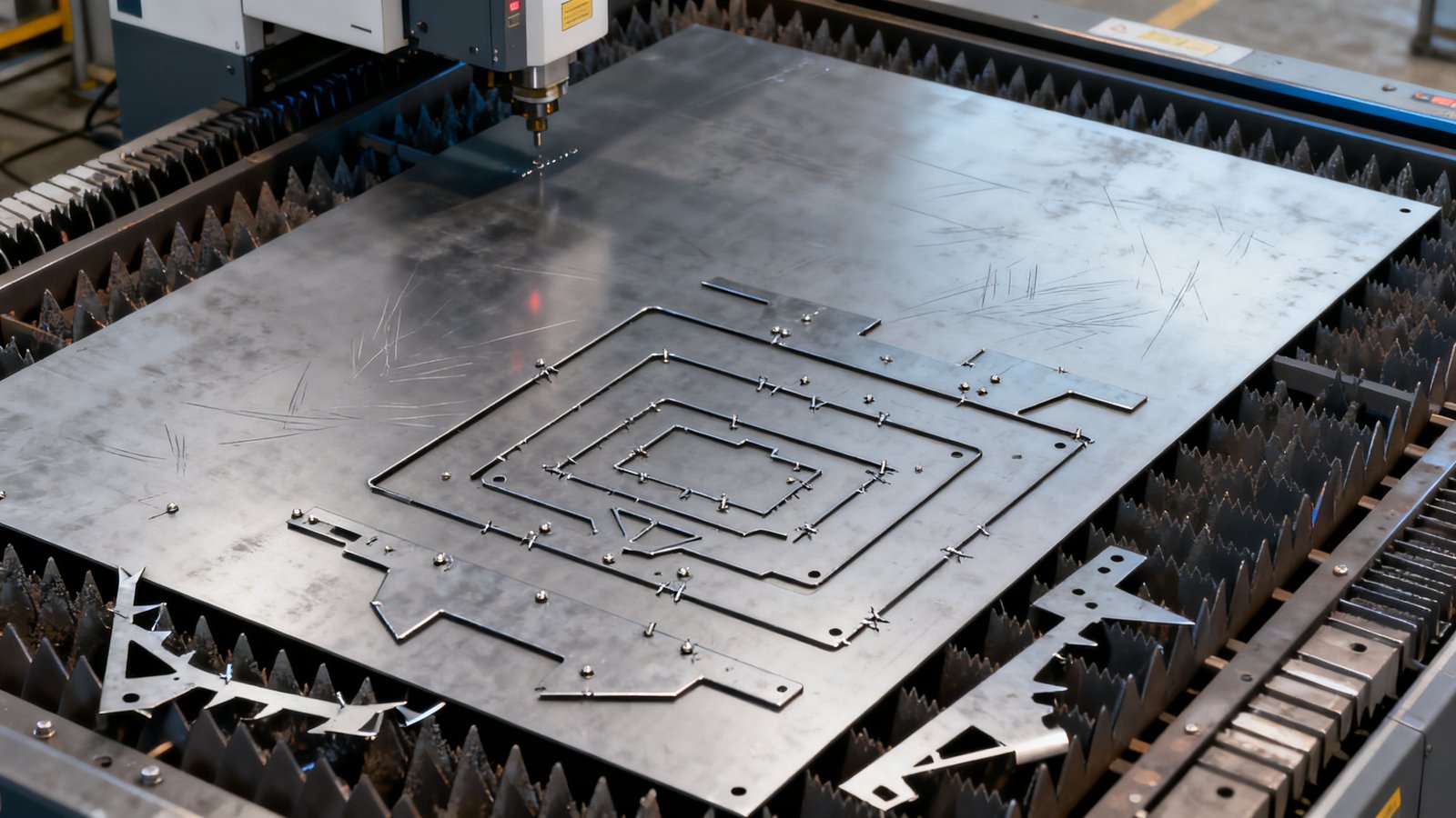 enclosure cost - Nested flat blanks on a cutting bed, the point where material utilisation is decided.