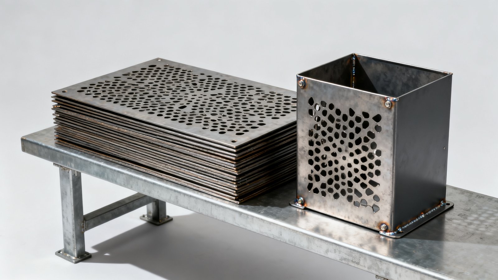 enclosure cost - Flat pierced panels beside a formed and welded enclosure: the same steel, very different process time.
