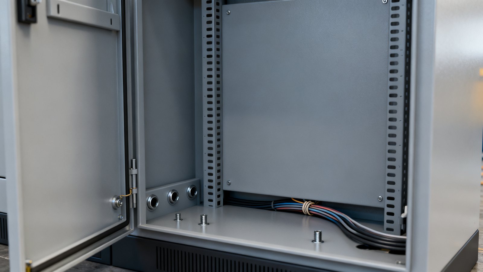 enclosure cost - Inside an industrial cabinet: mounting plate, perforated rails, cable entries and installed hardware.
