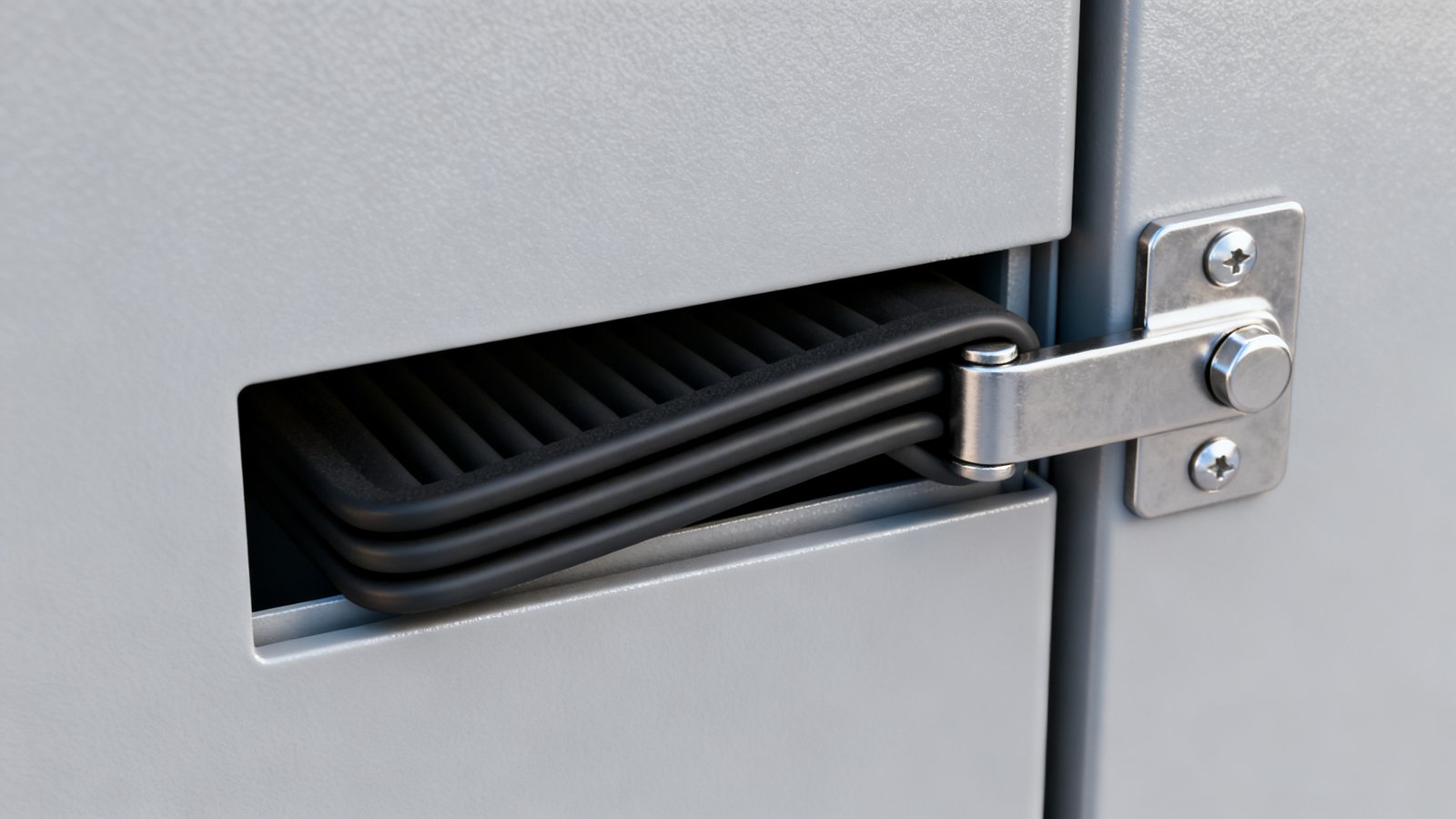 enclosure cost - Door edge with a compression gasket and hinge, the detail that decides whether a cabinet seals.