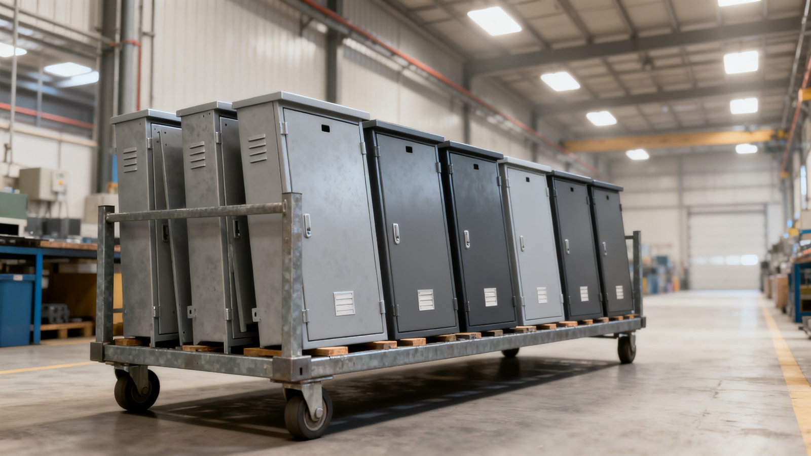enclosure cost - A production batch of identical enclosures on a rolling rack, ready for the next volume step.
