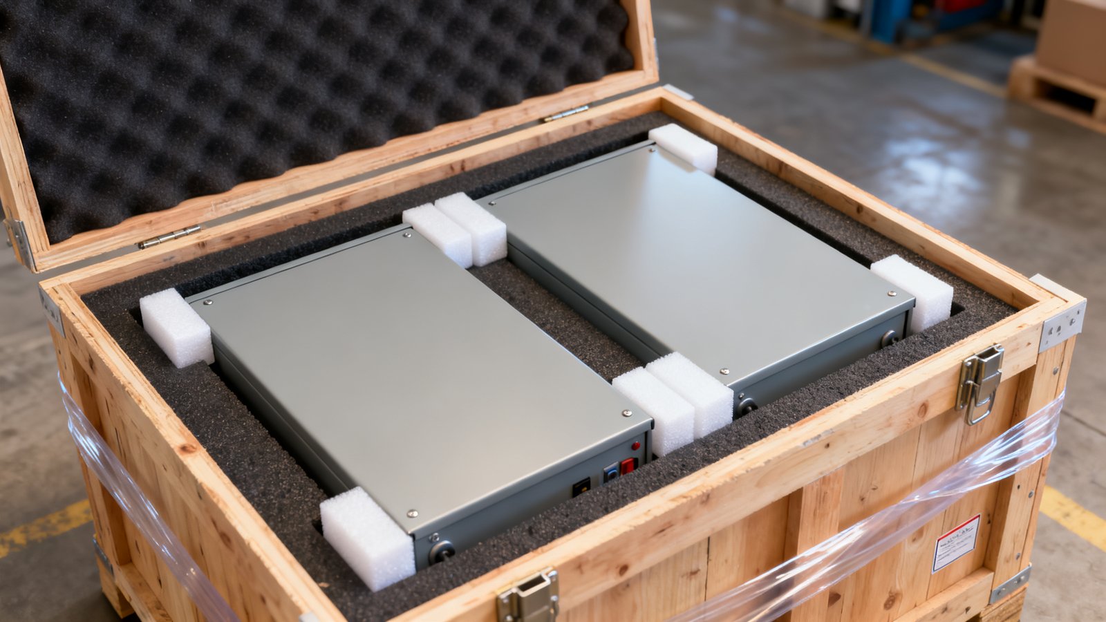 enclosure cost - An export crate with foam-lined slots, edge protection and strapping for coated enclosures.