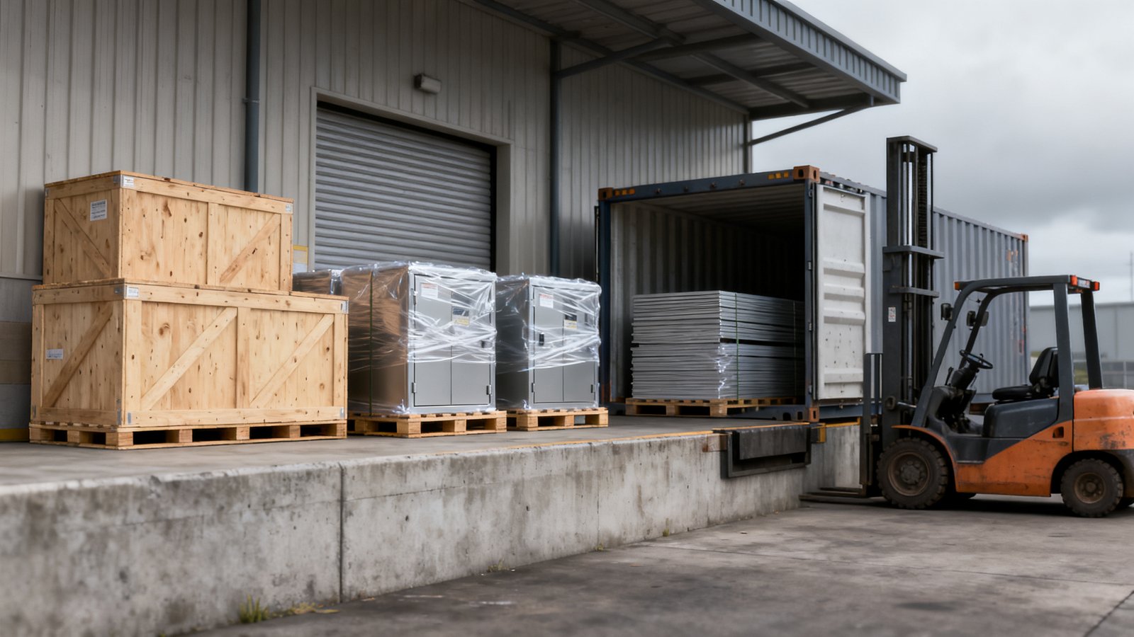 enclosure cost - Export crates and pallets on a loading dock, where packing and freight enter the total.