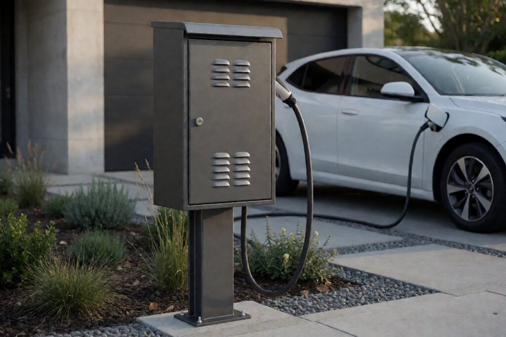 ev charger protection box - A pedestal-mounted EV charger protection box with a sealed cable outlet and a lockable front door.