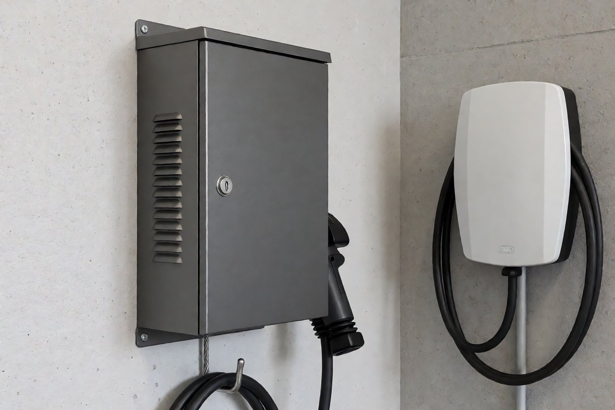 ev charger protection box - The wall-mounted version installed in a garage, with the cable leaving through the sealed bottom opening.