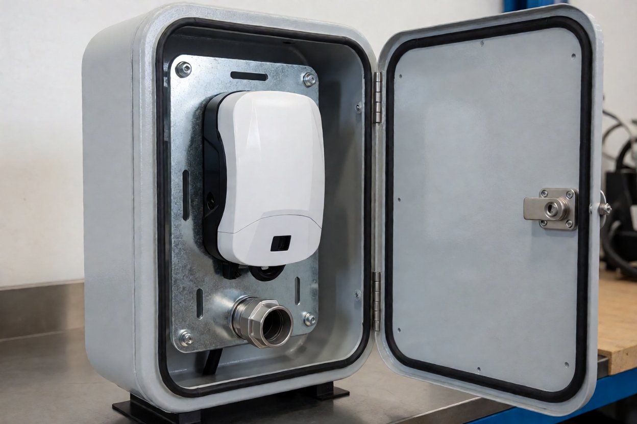ev charger protection box - Door open, showing the internal mounting plate, the sealed cable gland and the door gasket.