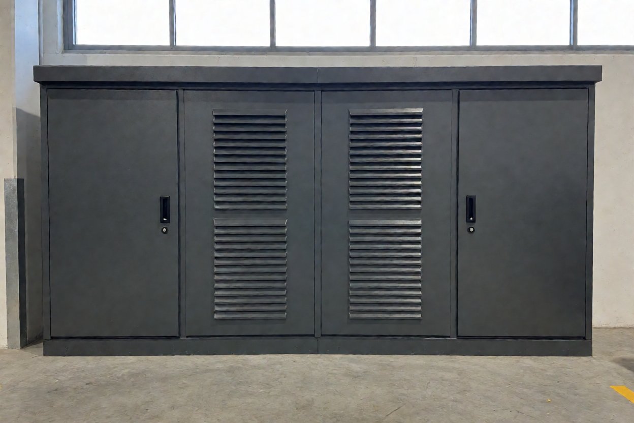 ev charger protection box - A twin-door enclosure for two chargers, wall-mounted in a workplace car park.