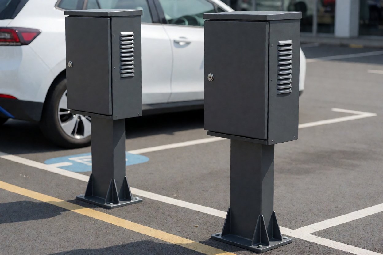 ev charger protection box - Pedestal enclosures installed along a commercial parking bay.