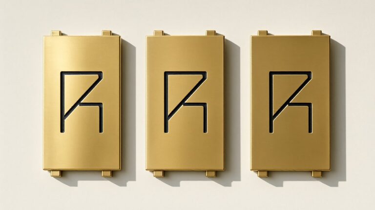 house number plaque - Solid brass house numbers mounted on a wall, each numeral an engraved plate.