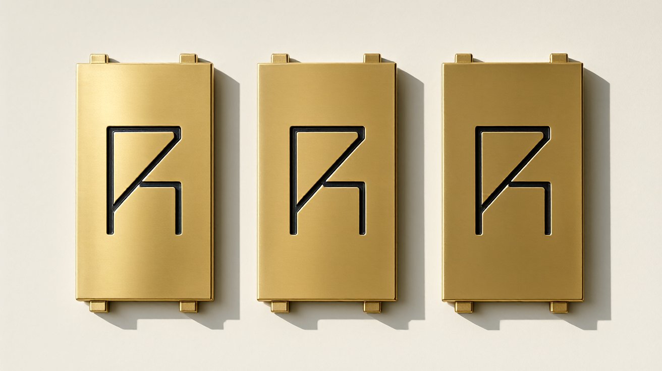 house number plaque - Solid brass house numbers mounted on a wall, each numeral an engraved plate.