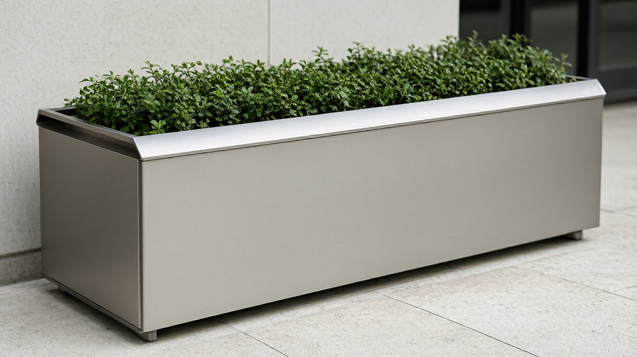 house number plaque - A rectangular stainless steel planter box with a folded rim and a powder coated finish.