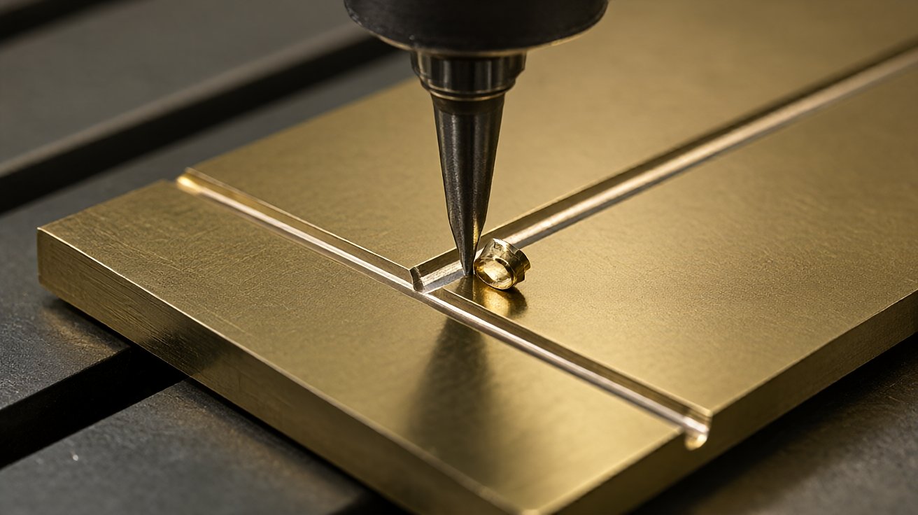 house number plaque - A brass plate being engraved, the cutter cutting a crisp V groove into the surface.