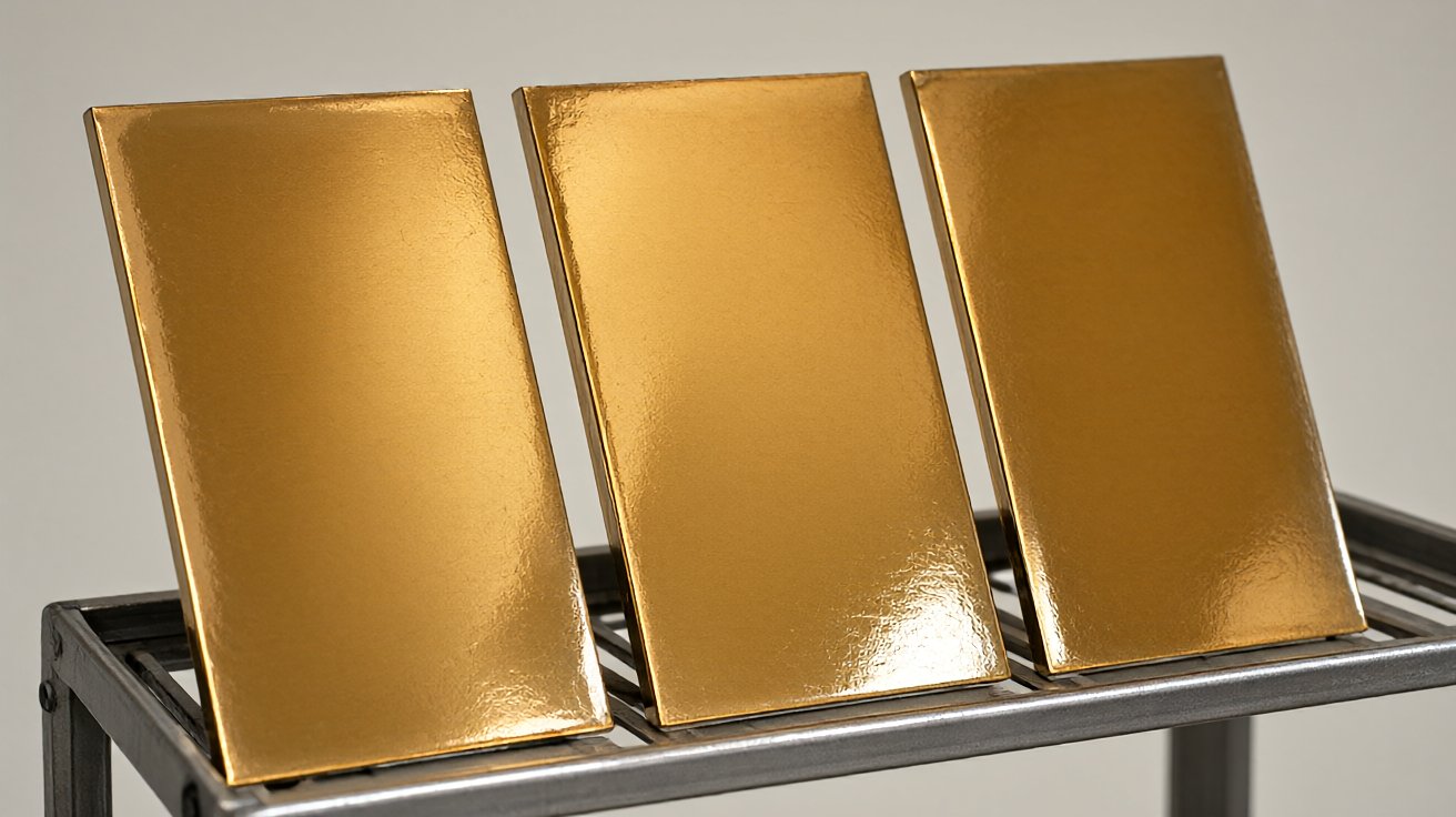 house number plaque - Brass plates after lacquering, the clear coat sealing the polished face.