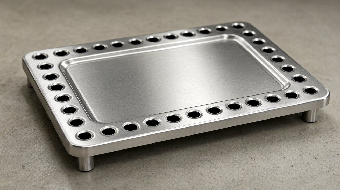 house number plaque - The underside of a planter showing drainage holes and a raised base pressing.