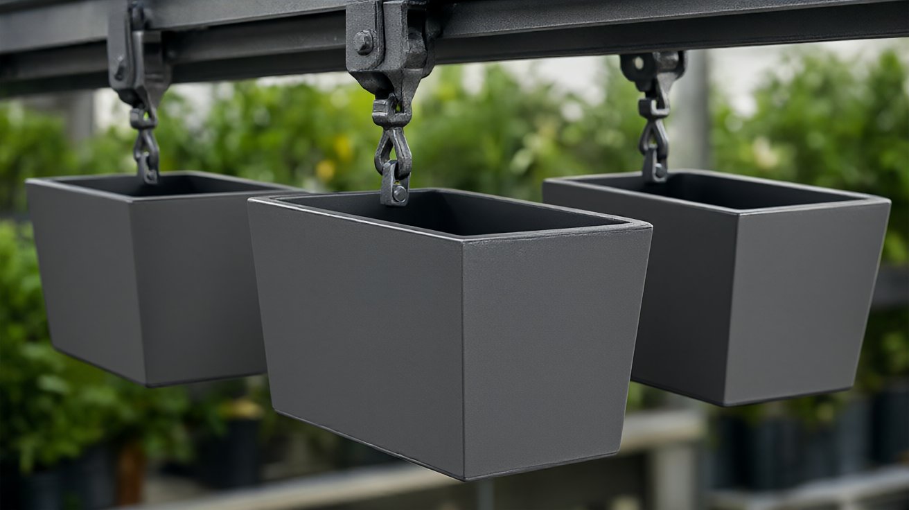 house number plaque - Planter boxes after powder coating, hanging on a line in even matte colour.