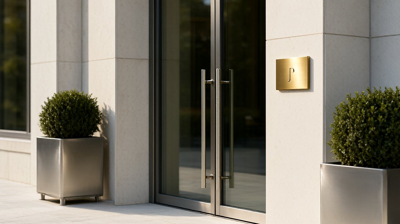 house number plaque - Planter boxes and a house number plaque installed at a building entrance.