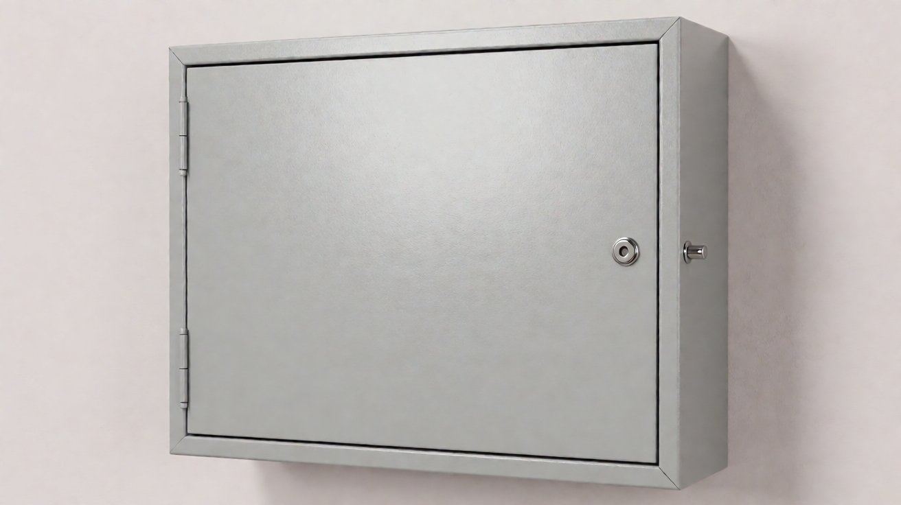 key cabinet - A finished wall-mounted key cabinet, door closed, powder coated and screen printed.