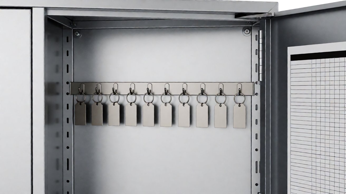 key cabinet - The same cabinet open, showing the numbered hook rows and the key tag rack.