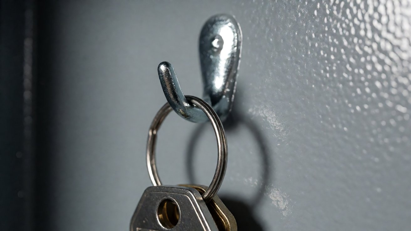 key cabinet - A key hook spot welded to the back panel, with its number printed beside it.