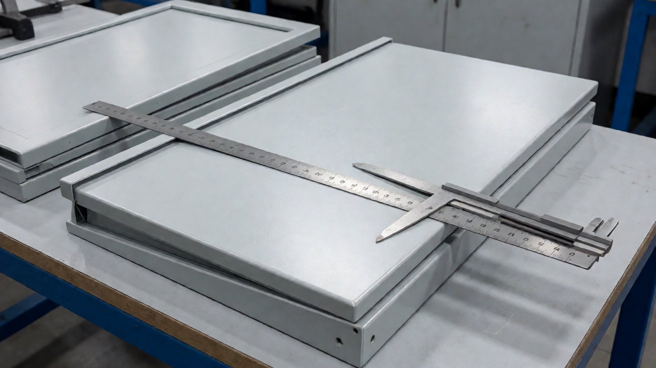 key cabinet - Checking door flatness against a straight edge before powder coating.