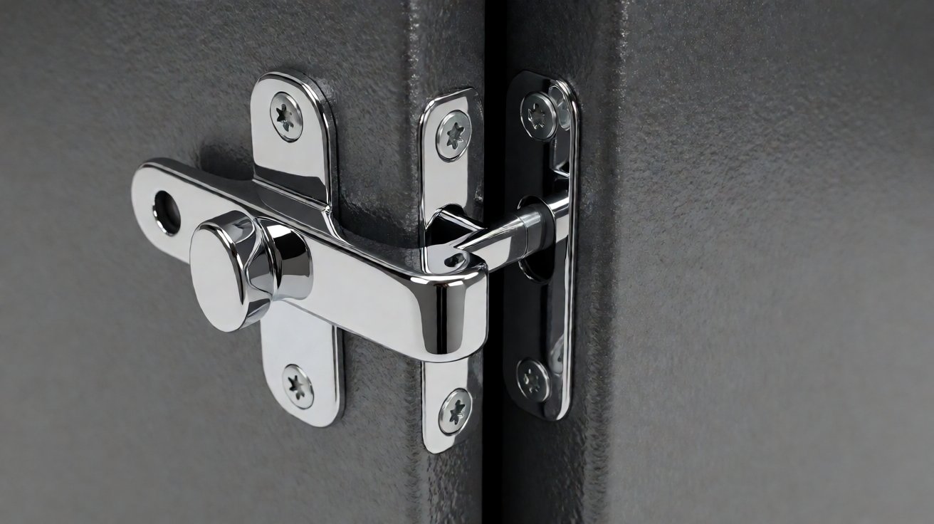 key cabinet - The cam lock and its strike plate, with the door edge and frame in line.