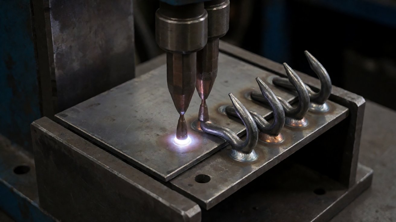 key cabinet - Spot welding a hook row to the back panel on a press welder.