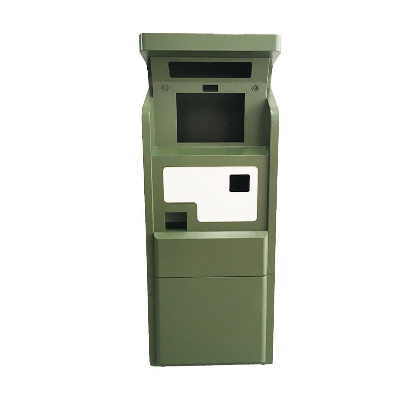 kiosk enclosure fabrication - A finished kiosk enclosure: floor-standing body, hooded screen bay, card slot and lower door.