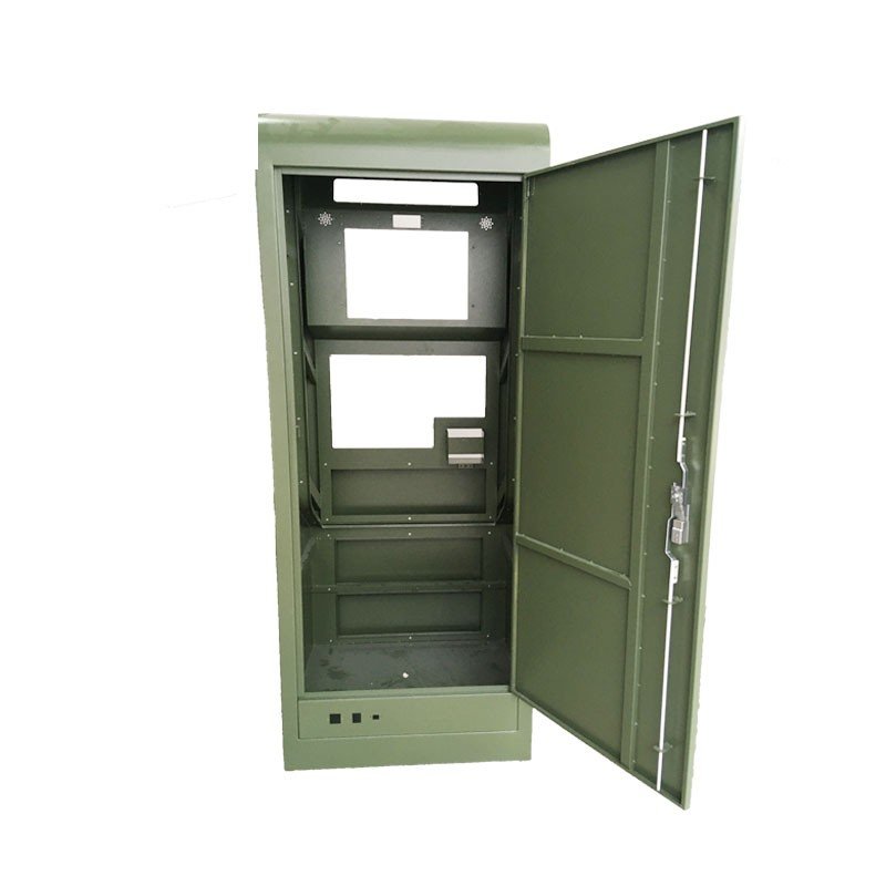kiosk enclosure fabrication - Inside a kiosk enclosure: internal shelf structure, mounting panels and door stiffening.