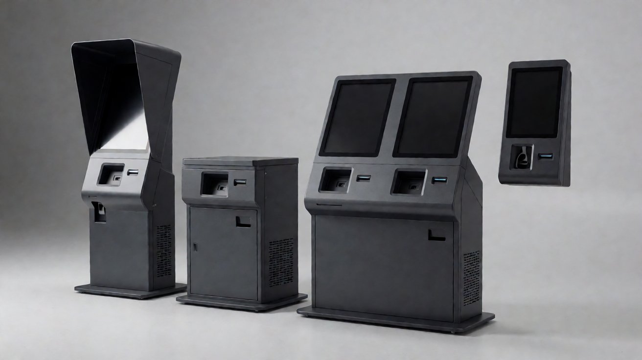 kiosk enclosure fabrication - Kiosk enclosure fabrication output: floor-standing, counter-top, dual-screen and wall-mounted variants.