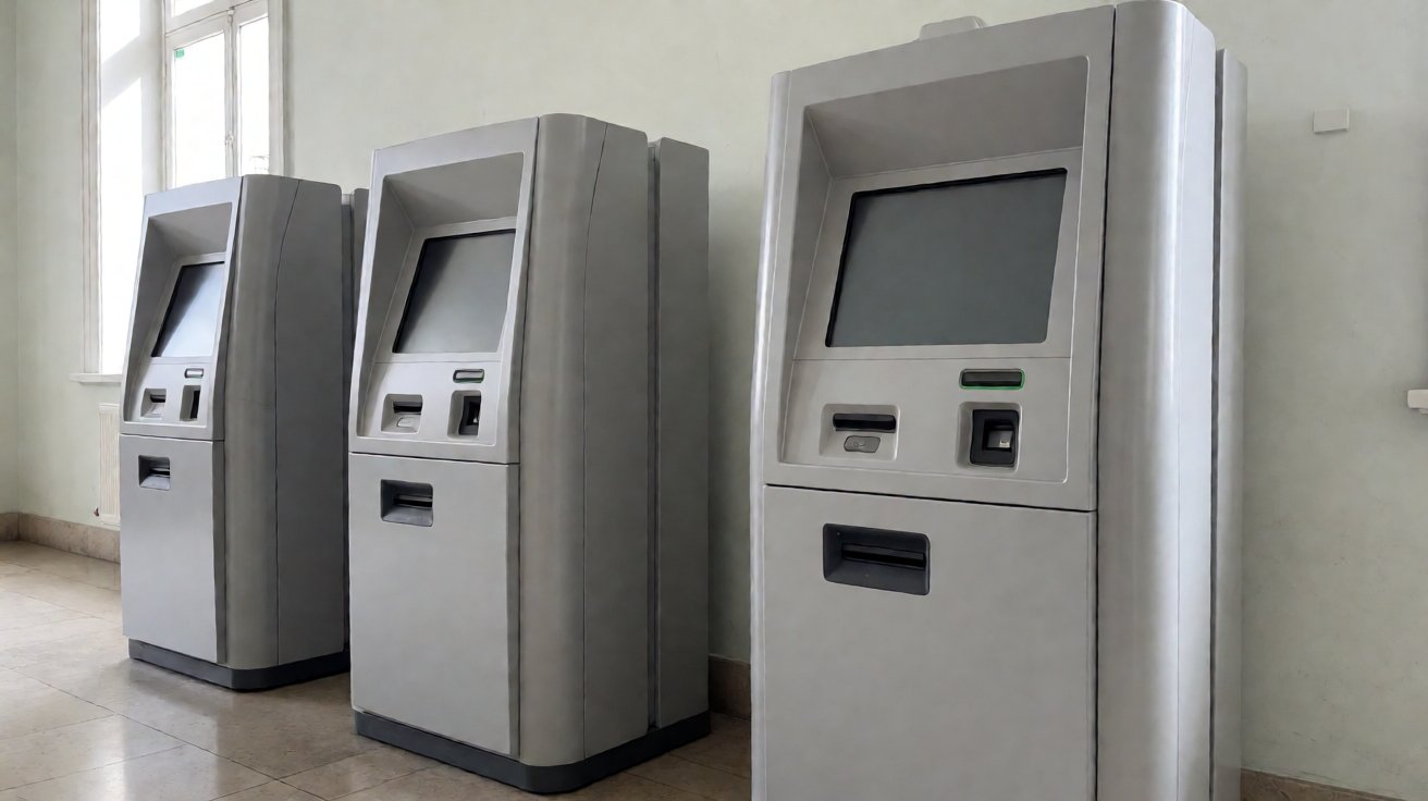 kiosk enclosure fabrication - Self-service kiosk enclosures installed in a public service hall, screens blank before commissioning.