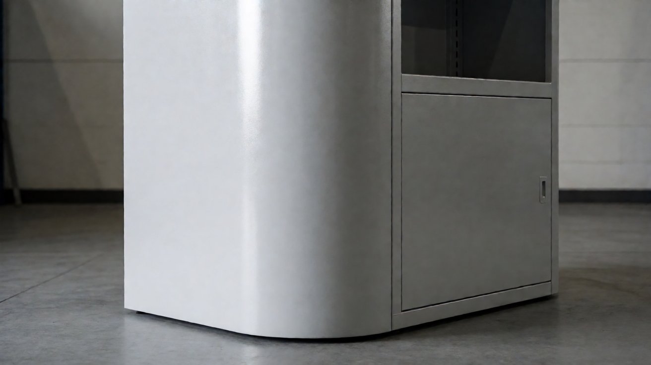 kiosk enclosure fabrication - Large-radius bend turning the front face into the side face of a kiosk enclosure.