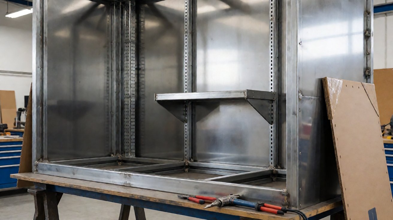 kiosk enclosure fabrication - Kiosk enclosure fabrication in assembly: welded base frame, clecoed side panels and cable tray.