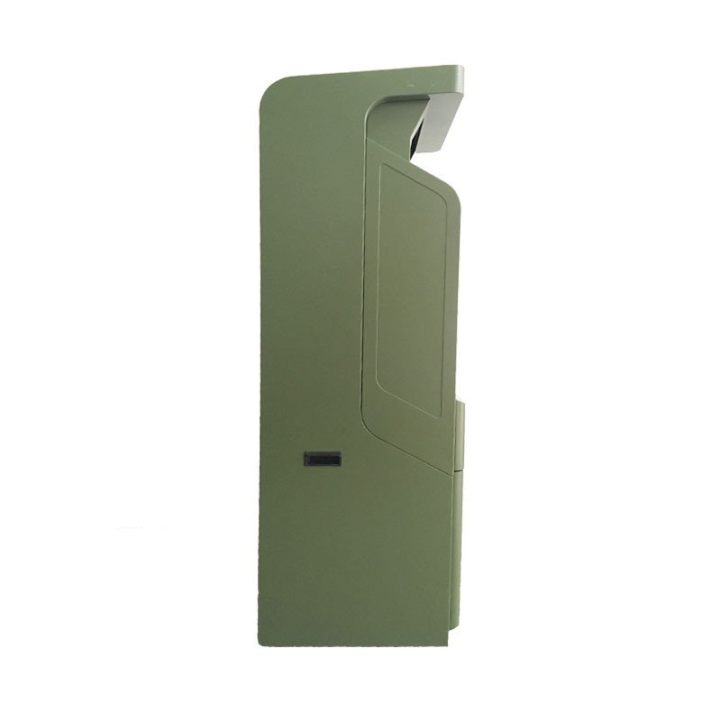 kiosk enclosure fabrication - Side profile of a kiosk enclosure showing the forward hood and the folded panel joints.