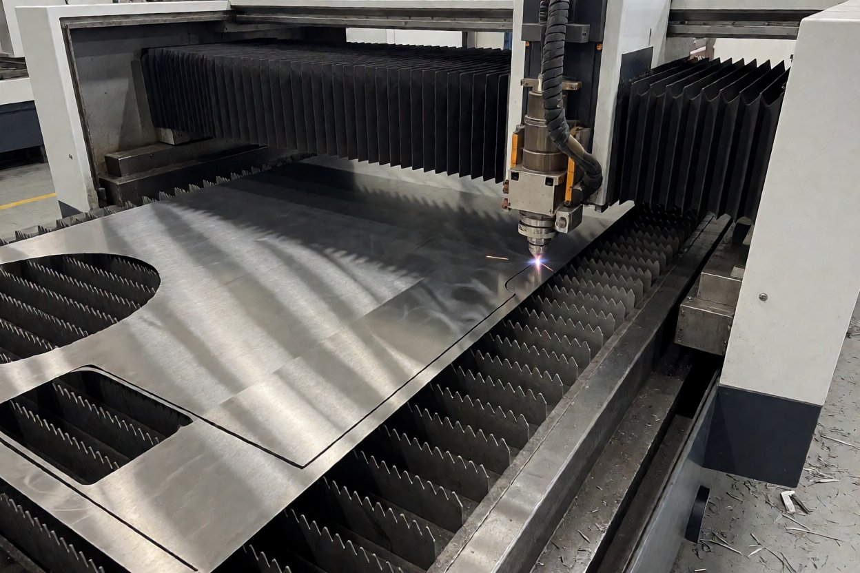 laser cutting service - A fiber laser cutting head cutting a stainless steel sheet inside an enclosed 6 kW machine.