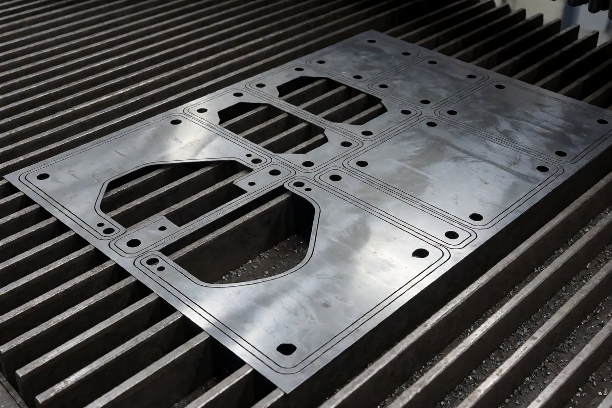 laser cutting service - Nested bracket and panel blanks held in the sheet by micro-joints on the cutting bed.