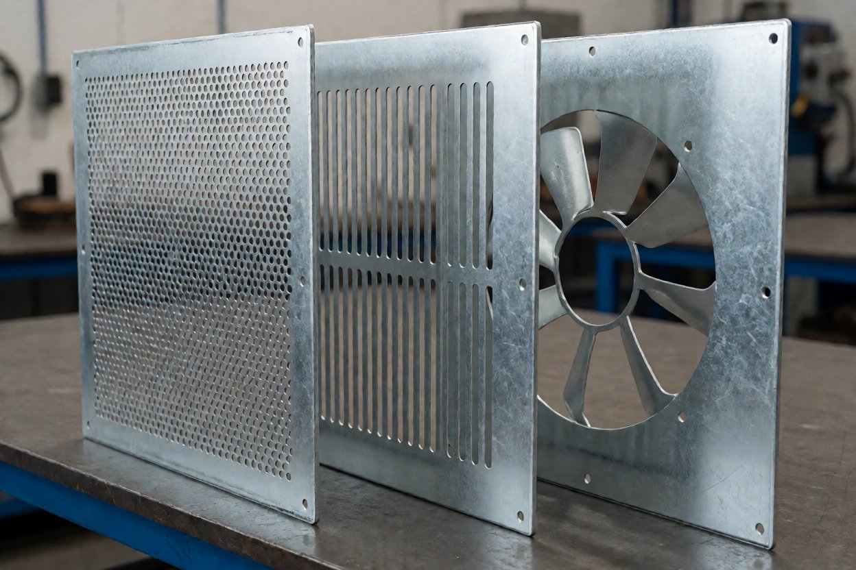 laser cutting service - Laser cut vent panels: a perforated field, long slots and a fan cut-out with mounting holes.